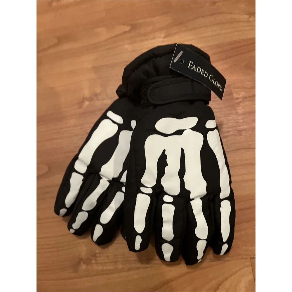 Faded Glory Thinsulate Gloves Skeleton Print Kids S/M Black White